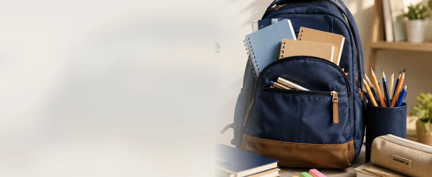Sac à dos et fournitures scolaires présentés dans un décor lumineux pour la rentrée scolaire.